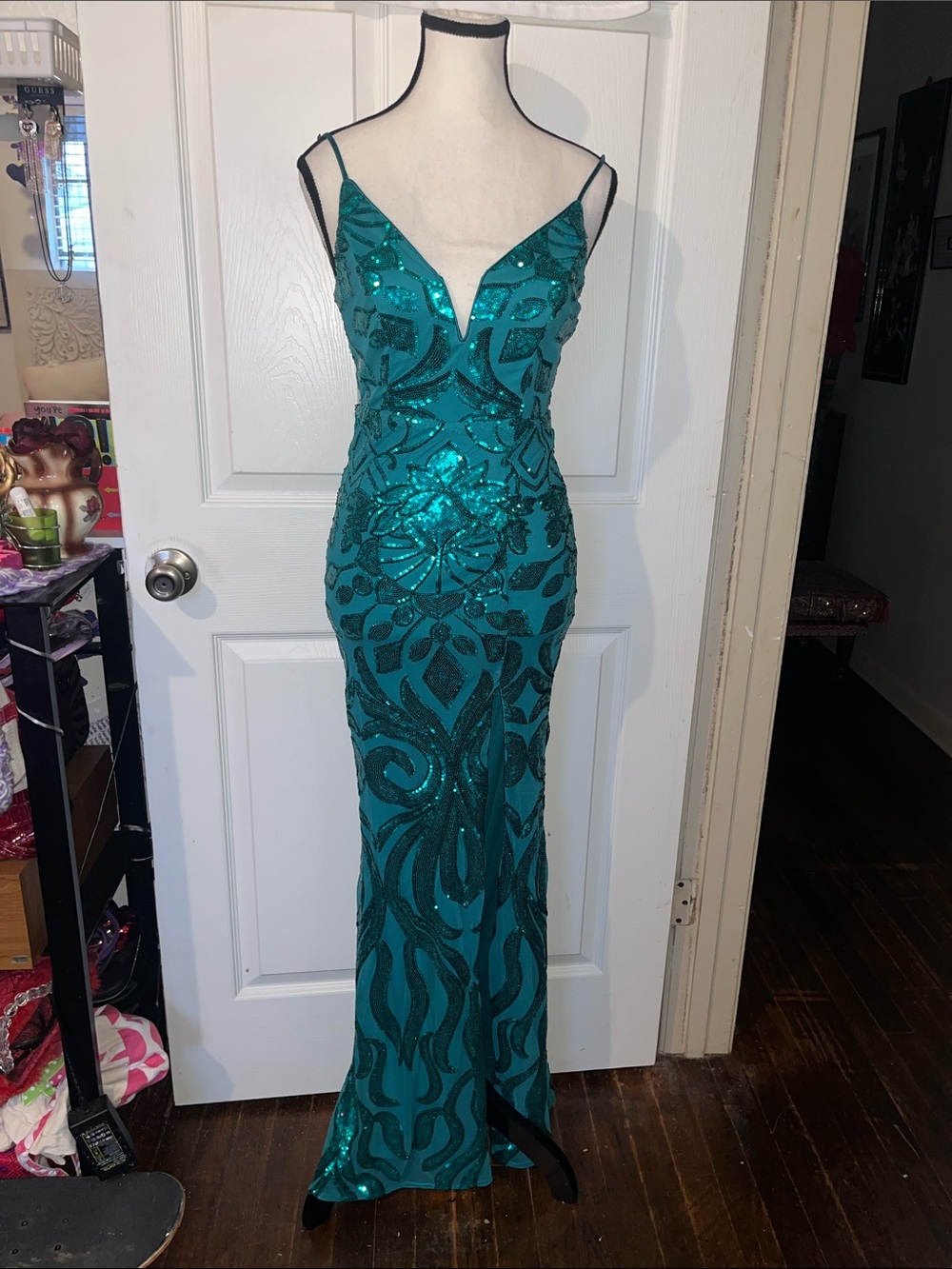 Lulu's Teal Sequin Spaghetti Strap Maxi Dress